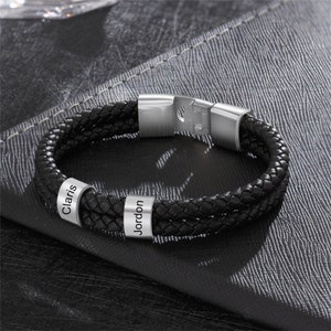 Pulsera de cuentas de acero inoxidable grabada personalizada para papá, pulsera de cuero para hombre con 1-8 nombres, pulsera con nombres de familia, regalo del día del padre
