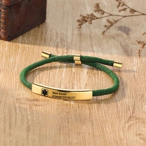 Bracelet d'identification d'alerte médicale avec corde souple, bracelet personnalisé d'informations sur la santé, bracelet gravé réglable