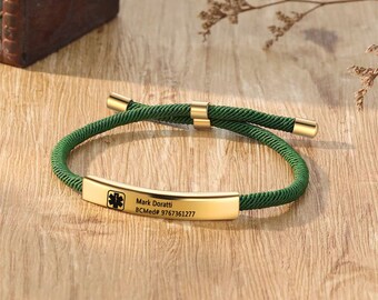 Bracciale identificativo di allarme medico con corda morbida, braccialetto medico senza catena, braccialetto personalizzato con informazioni sanitarie, braccialetto inciso regolabile