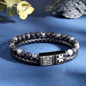 Custom QR Code Medical ID Beaded Bracelet,Leather Medical Alert Bracelet for Men, gift for Autistic,Allergy,Emergency Bracelets image 2