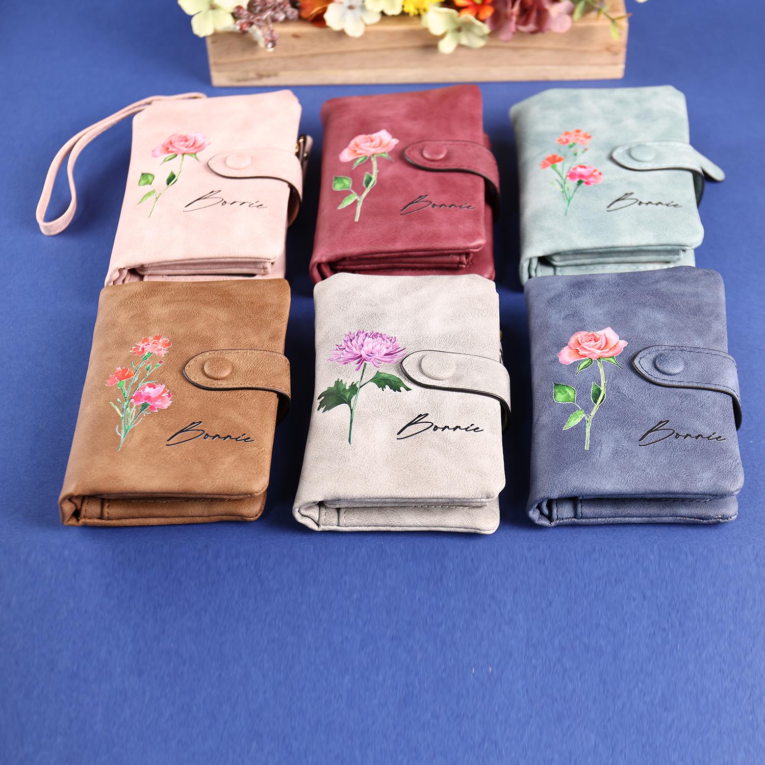 Custom Women‘s Leather Wallet With Name and Birth Flower Design,leather ...