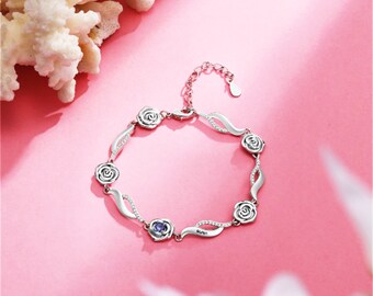 Pulsera personalizada con nombre de piedra de nacimiento: cadena de eslabones de plata ajustable con dije de rosa para mamá, novia, regalo de joyería de flores delicadas