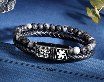Custom QR Code Medical ID Beaded Bracelet,Leather Medical Alert Bracelet, gift for Autistic,Allergy,Emergency Bracelets