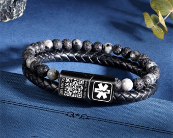 Custom QR Code Medical ID Beaded Bracelet,Leather Medical Alert Bracelet for Men, gift for Autistic,Allergy,Emergency Bracelets