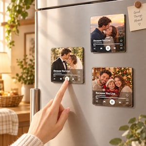 Puede incluir: Tres imanes cuadrados con fotos adheridos a un refrigerador de acero inoxidable. Cada imán muestra una fotografía de una pareja o familia con una interfaz de reproductor de música, incluyendo el título Because You Live de Jesse McCartney.