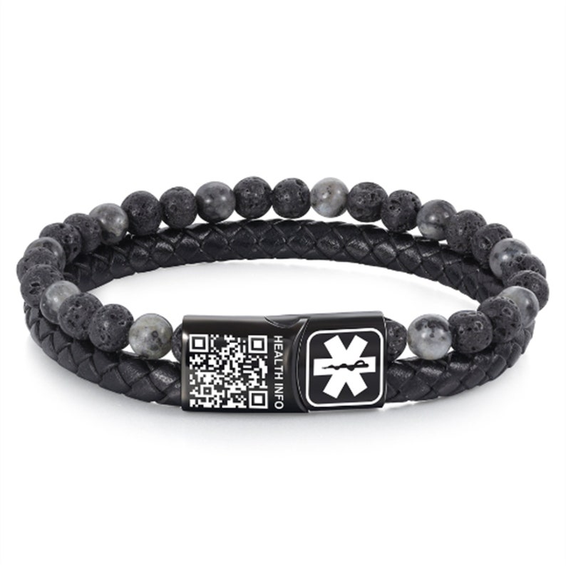 Custom QR Code Medical ID Beaded Bracelet,Leather Medical Alert Bracelet for Men, gift for Autistic,Allergy,Emergency Bracelets zdjęcie 3