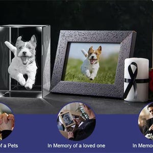 May include: Three different ways to memorialize a loved one or pet. A crystal cube with a 3D engraved image of a dog, a framed photo of a dog, and a photo of two people holding hands.
