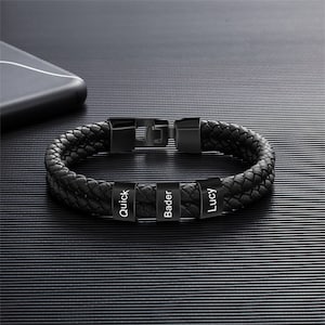 Pulsera de cuero para hombre con 1 a 8 nombres, pulsera de cuentas grabada personalizada para papá, pulsera personalizada con nombres de familia, regalo del día del padre