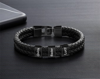 Mens Leather Bracelet with 1-8 Names ,Custom Engraved Bead Bracelet for Dad, Personalized Bracelet with Family Names, father's day gift