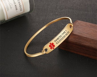 Bracciale medico personalizzato, braccialetto di allarme medico in argento, braccialetto per diabetici con identificazione medica in oro, braccialetto per diabete autistico con allergia medica