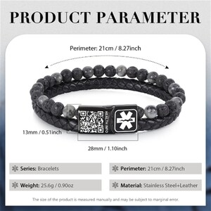 Custom QR Code Medical ID Beaded Bracelet,Leather Medical Alert Bracelet for Men, gift for Autistic,Allergy,Emergency Bracelets image 4
