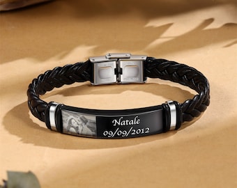 Custom Photo leather Bracelet for men,Pet Engrave Dog Portrait Bracelet for Pet Lover, Engrave Date & Name bracelet, Gift for mom