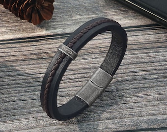 Mens Leather Bracelet with 1-5 Names - Custom Engraved Bead Family Name Bracelet for Dad- Mens Personalized Bracelet with Family Names,Gift