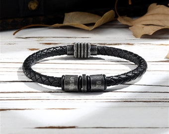 Personalized Mens Leather Bracelet - Custom Engraved Beads Bracelet for Him - Vintage Men's Jewelry