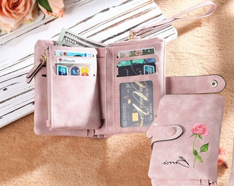 Personalized leather women wrist wallet,Engrave birthflower & Name wallet zip, magnetic money clip,leather coin purse,Mother day gift
