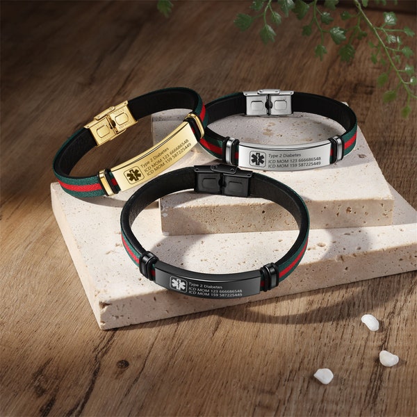 Custom Adjustable Leather Medical Alert Bracelet with Engraved ID, Sporty Wristband for Epilepsy, Heart Disease Patients