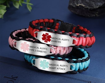Custom Waterproof Hand Braided Cord Medical ID Bracelet -  Stainless Steel Alert Jewelry for Men, Women - Medical Information