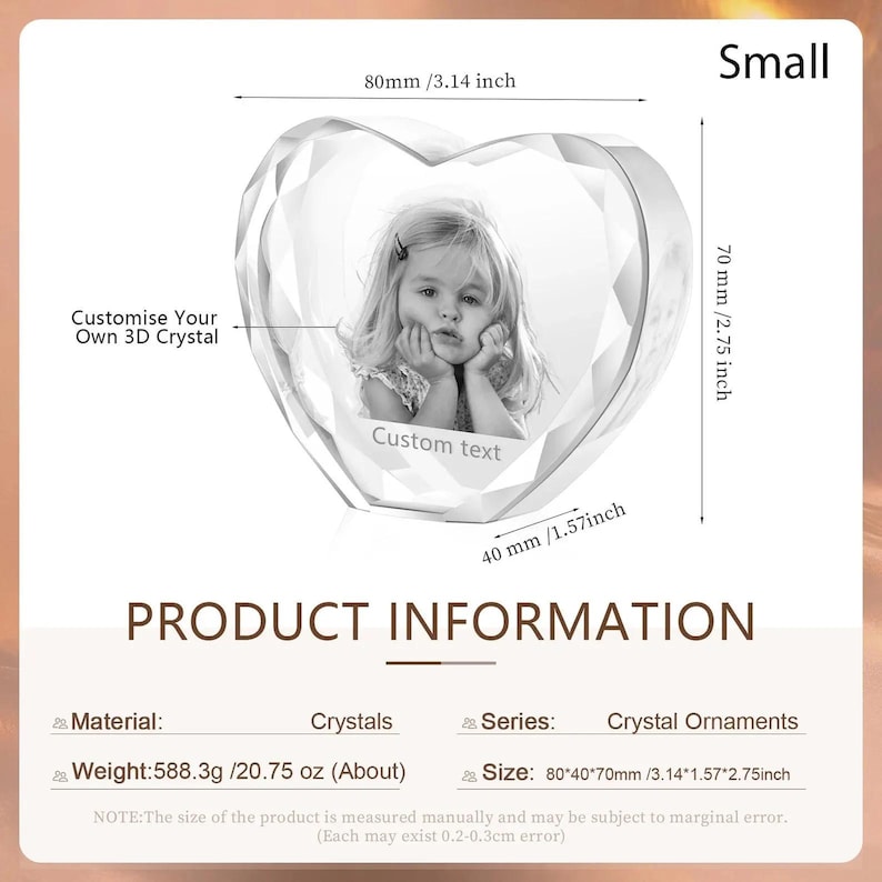 May include: A clear crystal heart-shaped ornament with a photo inside. The ornament is 3.14 inches wide, 1.57 inches tall, and 2.75 inches deep. The ornament is a small size. The text "Custom text" is visible inside the ornament.