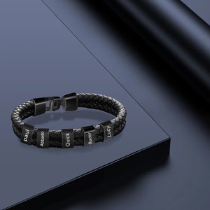 Pulsera de cuero para hombre, pulsera personalizada, grabado de nombre, nombre familiar personalizado, regalo para papá, regalo del Día del Padre, cumpleaños, pulsera familiar