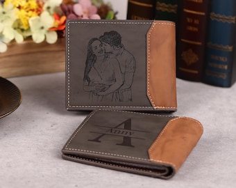 Gepersonaliseerde gegraveerde fotoportemonnee voor heren, leren portemonnee voor hem, fotoportemonnee, cadeaus voor man, vriend, vader, vaderdagcadeaus Gratis doos