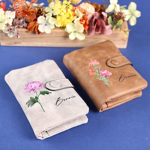 Portafoglio in pelle da donna personalizzato con nome e design floreale di nascita, portafoglio in pelle da donna, portafogli per donna, regali per la mamma, regali per lei
