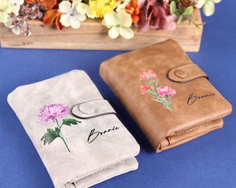 Portefeuille en cuir pour femme personnalisé avec nom et fleurs de naissance,Portefeuille en cuir pour femme,Portefeuilles pour femme,Cadeaux pour maman,Cadeaux pour elle