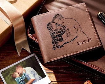 Custom engraved photo wallet - personalized men's wallet for dad, grandpa, husband - father's day gift Free Box