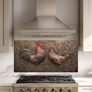 May include: A decorative kitchen backsplash featuring two roosters in a relief design. The roosters have red combs and detailed plumage in shades of brown, copper, and teal. Wheat stalks and foliage surround the birds, set against a brown background.