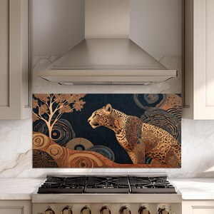 Abstract Leopard Glass Backsplash Navy Blue Gold Geometric Animal Kitchen Decor Safari Wall Art