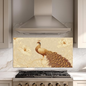 May include: A decorative kitchen backsplash featuring a detailed illustration of a peacock. The peacock is rendered in shades of brown and gold, with its tail feathers fanned out. The background is a cream color with floral and scrollwork details.