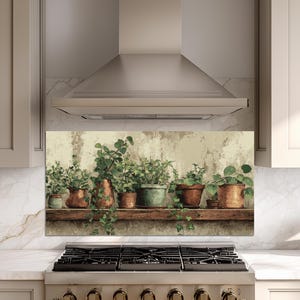 May include: A kitchen splashback with a watercolour painting of potted plants on a wooden shelf. The plants are in terracotta and green pots, with trailing vines. The background has a textured, off-white finish.