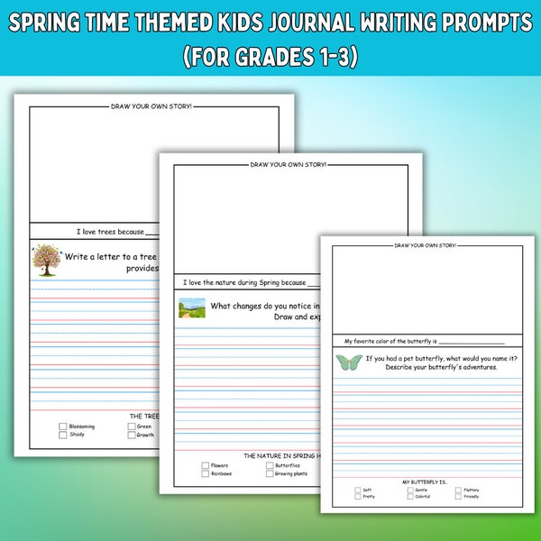 Kid's Journal Writing Prompts, Spring Time Kids Journal Writing Prompts Grade 1-3, Printable Kids Spring Journal, Kids Writing Printables