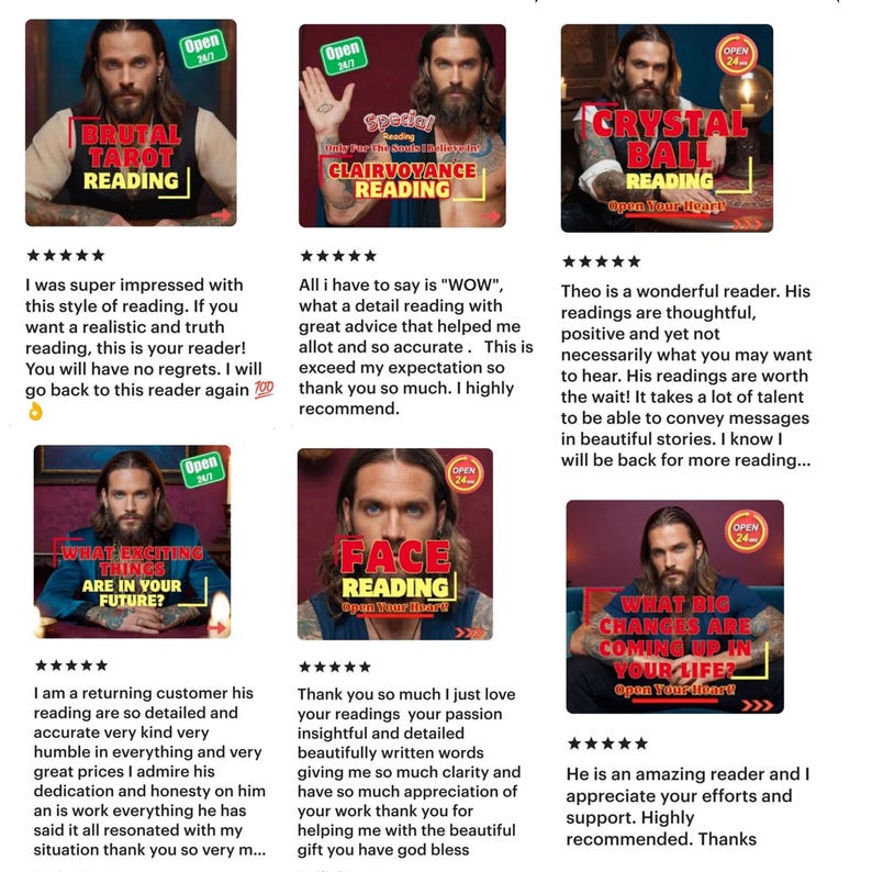 May include: Five different tarot card reader profiles with reviews and ratings. Each profile features a photo of the reader, a title, and a description of their services. The reviews are all five stars.