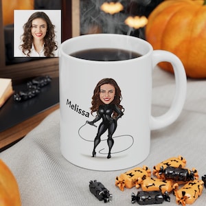 Super Hero Cat Woman Coffee Mug with Caricature from Photo, Cat Woman Gift for Women, Custom Mom Gift, Funny Girl Friend Gift