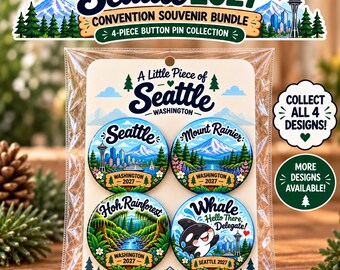 Seattle Washington 2027 International Convention Button Pins | 4-Piece Souvenir Bundle | Delegate Gifts & Keepsakes