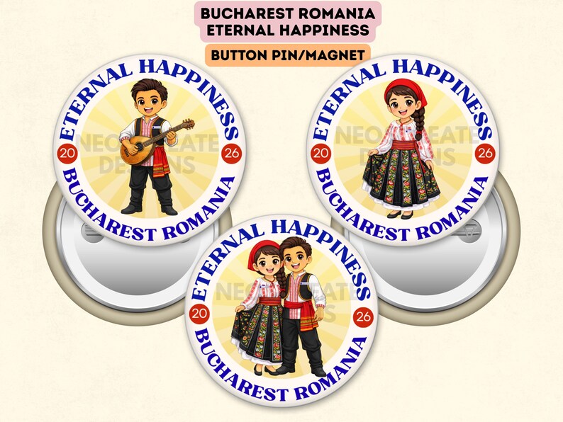 Bucharest Romania Chibi Couple, Boy, Girl Button Pin or Magnet ...