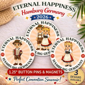 Hamburg Germany Chibi Couple, Boy, Girl Button Pin or Magnet – Eternal Happiness Convention