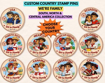 Custom Country Button Pin | We’re Family Around the World Stamps | Choose Your Country Pin International Convention Gifts |Eternal Happiness