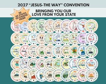 2027 Jesus-The Way Convention Button Pins, Bringing You Our Love State Outline- Button Pins, Magnets & Stickers