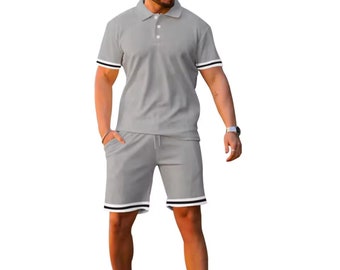 Men's Polo Shirt and Shorts Set 2 Piece Summer Outfits Casual Short Sleeve and Shorts Matching Athletic Fashion Apparel - Light Gray