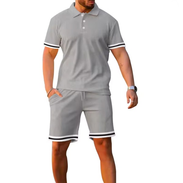 Men's Polo Shirt and Shorts Set 2 Piece Summer Outfits Casual Short Sleeve and Shorts Matching Athletic Fashion Apparel - Light Gray