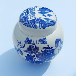 Puede incluir: Un tarro de cerámica blanco con un diseño floral azul y blanco. La tapa también está decorada con un diseño floral azul y blanco. El tarro es de diseño chino tradicional.
