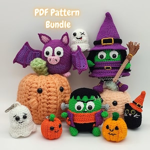 Halloween Crochet Pattern Bundle, Digital Amigurumi Patterns, Crochet Witch, Frankenstein, Bat, Pumpkin, Ghost & Kitten - Halloween Crochet