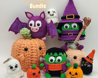May include: A set of crochet Halloween amigurumi patterns, including a witch, ghost, bat, pumpkin, Frankenstein, and a black cat. The PDF pattern bundle includes instructions for making each character.