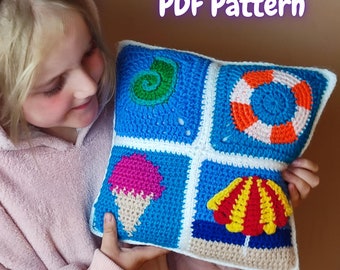 Patrón de almohada de crochet con diseño de cuadrados playeros (descarga en PDF)