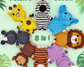 Paquete de patrones de crochet Safari: Conjunto completo de 8 animales de la jungla amigurumi de costura baja (descarga en PDF)