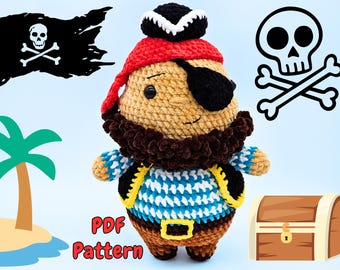 Patrón de ganchillo de pirata: Muñeco de peluche amigurumi grueso (Descarga en PDF)