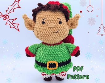 Patrón de crochet para elfo navideño: Peluche amigurumi navideño grueso (descarga en PDF)