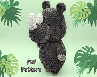 Patrón de rinoceronte a crochet: peluche amigurumi grueso para principiantes, animal de safari de costura baja, descarga de patrón interactivo