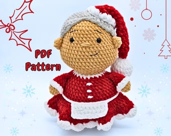 Patrón de crochet para la Sra. Claus: Peluche amigurumi navideño grueso para principiantes (Descarga PDF)
